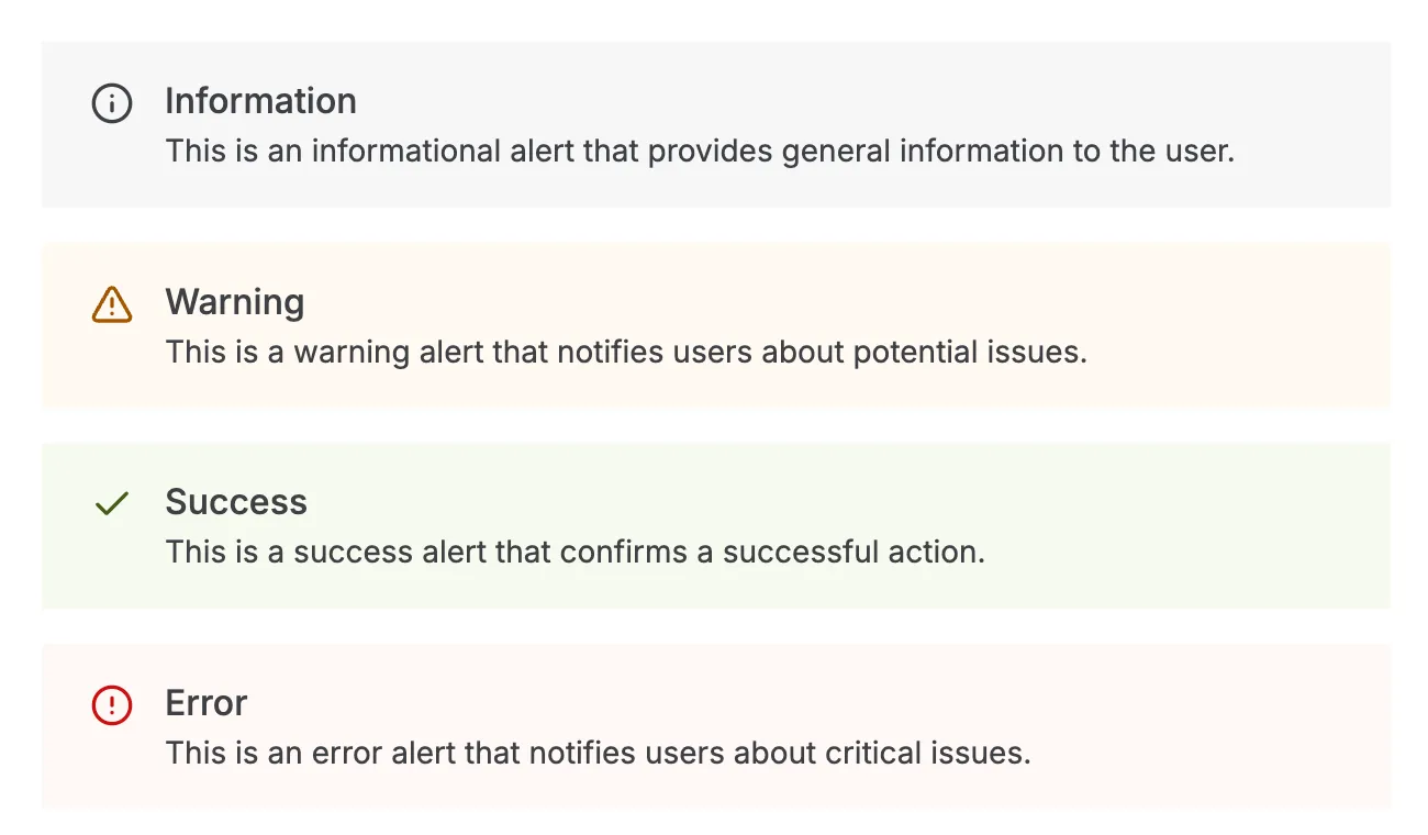 Alert component showing all four status variants