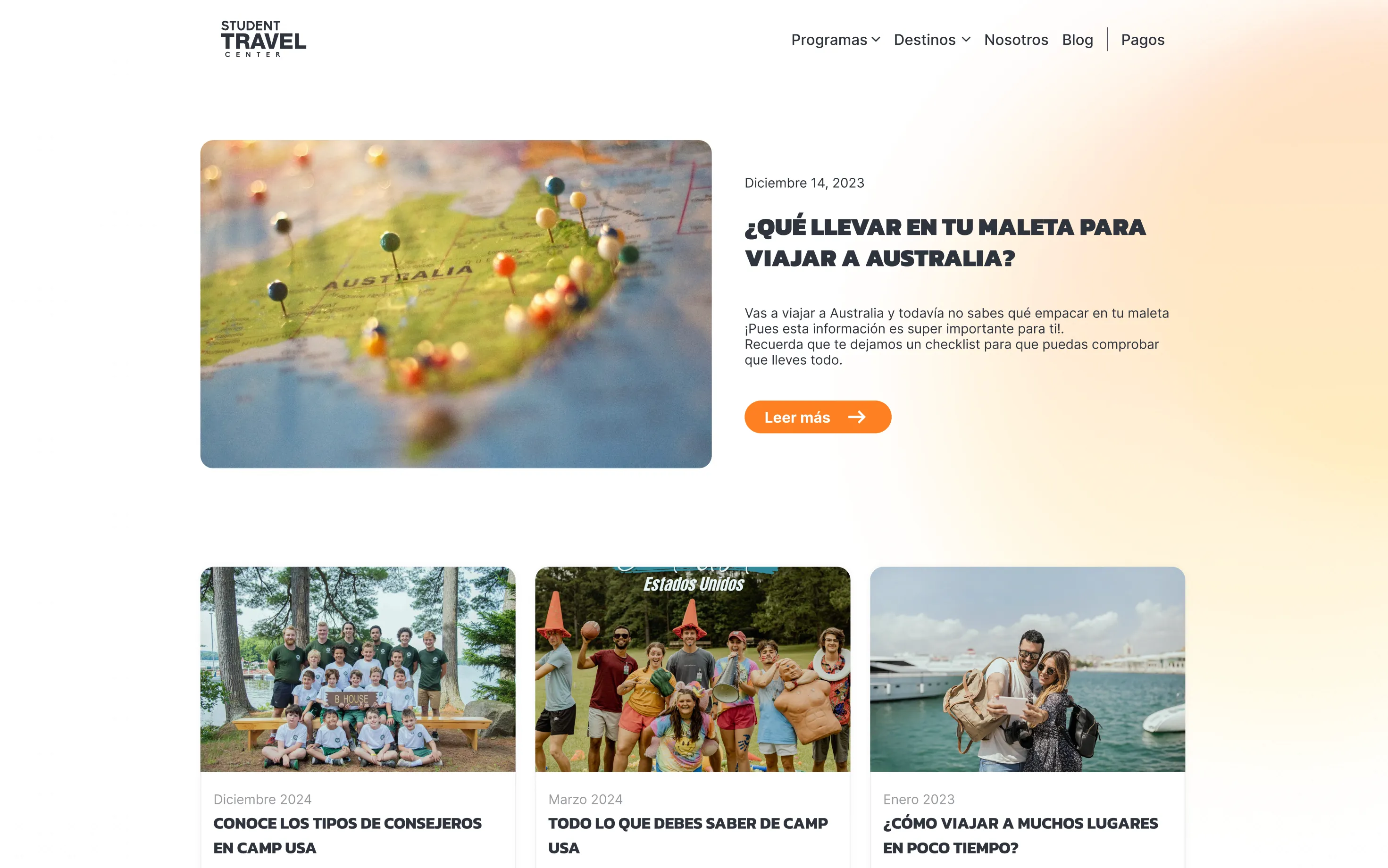 The Student Travel Center blog — a featured post and a grid of program-specific articles answering practical pre-decision questions