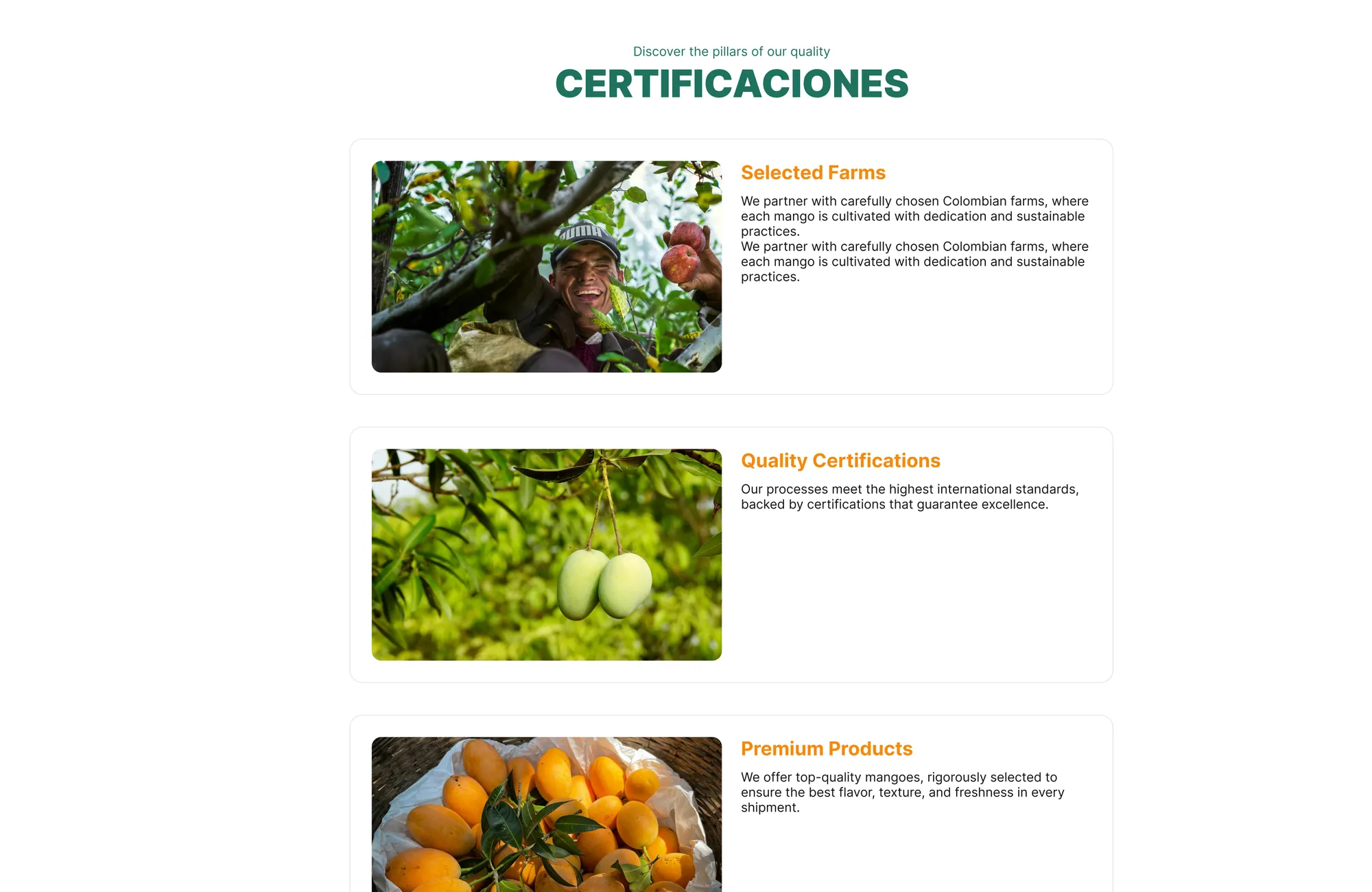 The certifications section pairing FDA/ICA/GlobalGAP credentials with farm and product photography