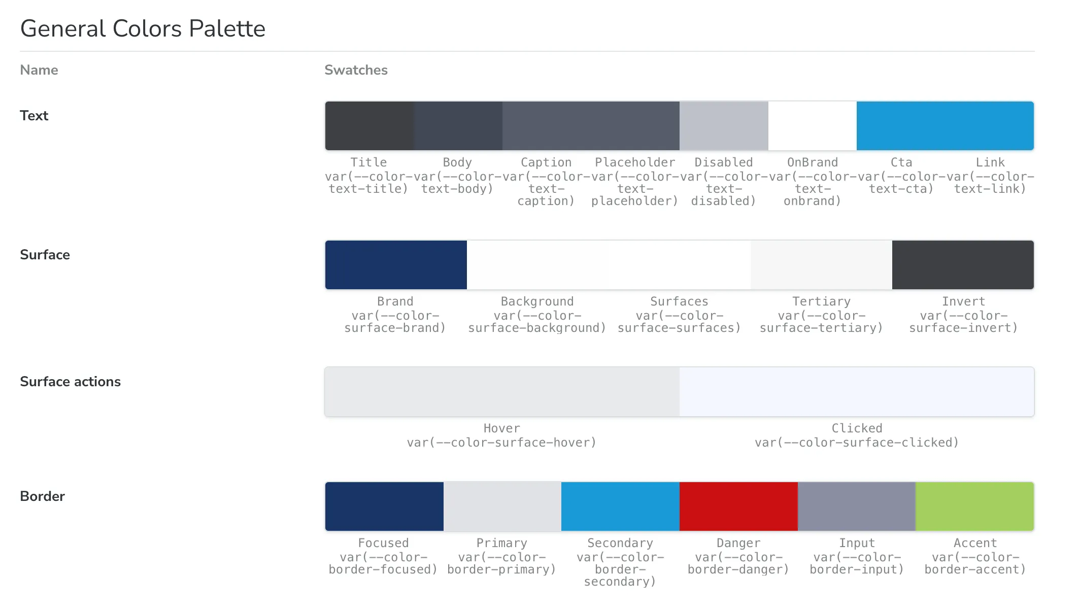 General color palette — text, surface, and border tokens