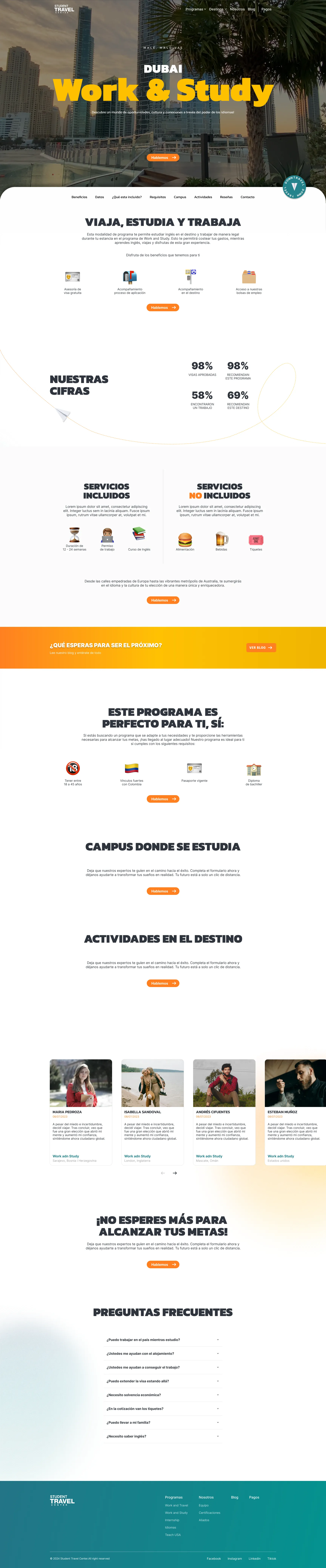 The full per-country program page template, shown here for Dubai — hero through benefits, included services, requirements, campus, activities, reviews, and contact
