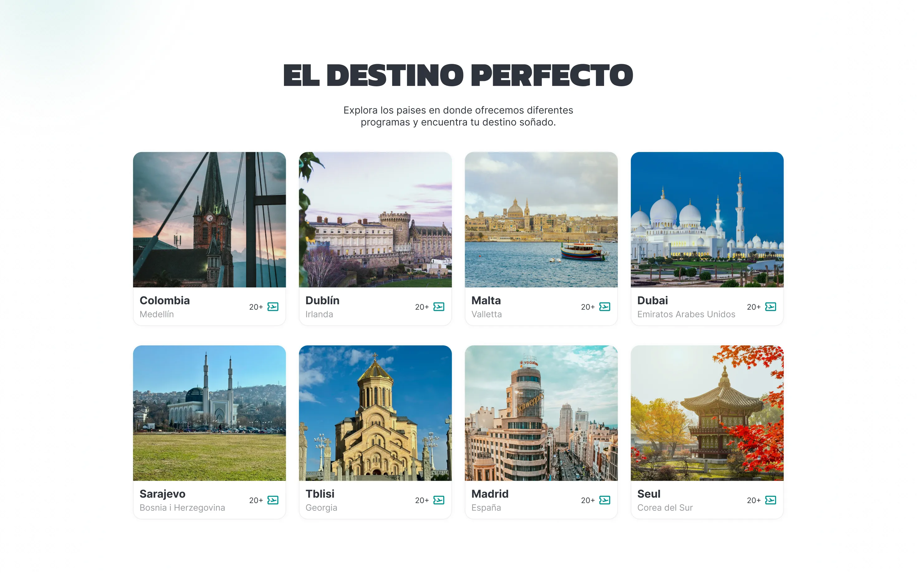 The destination grid on the homepage — each program surfaced as its own card