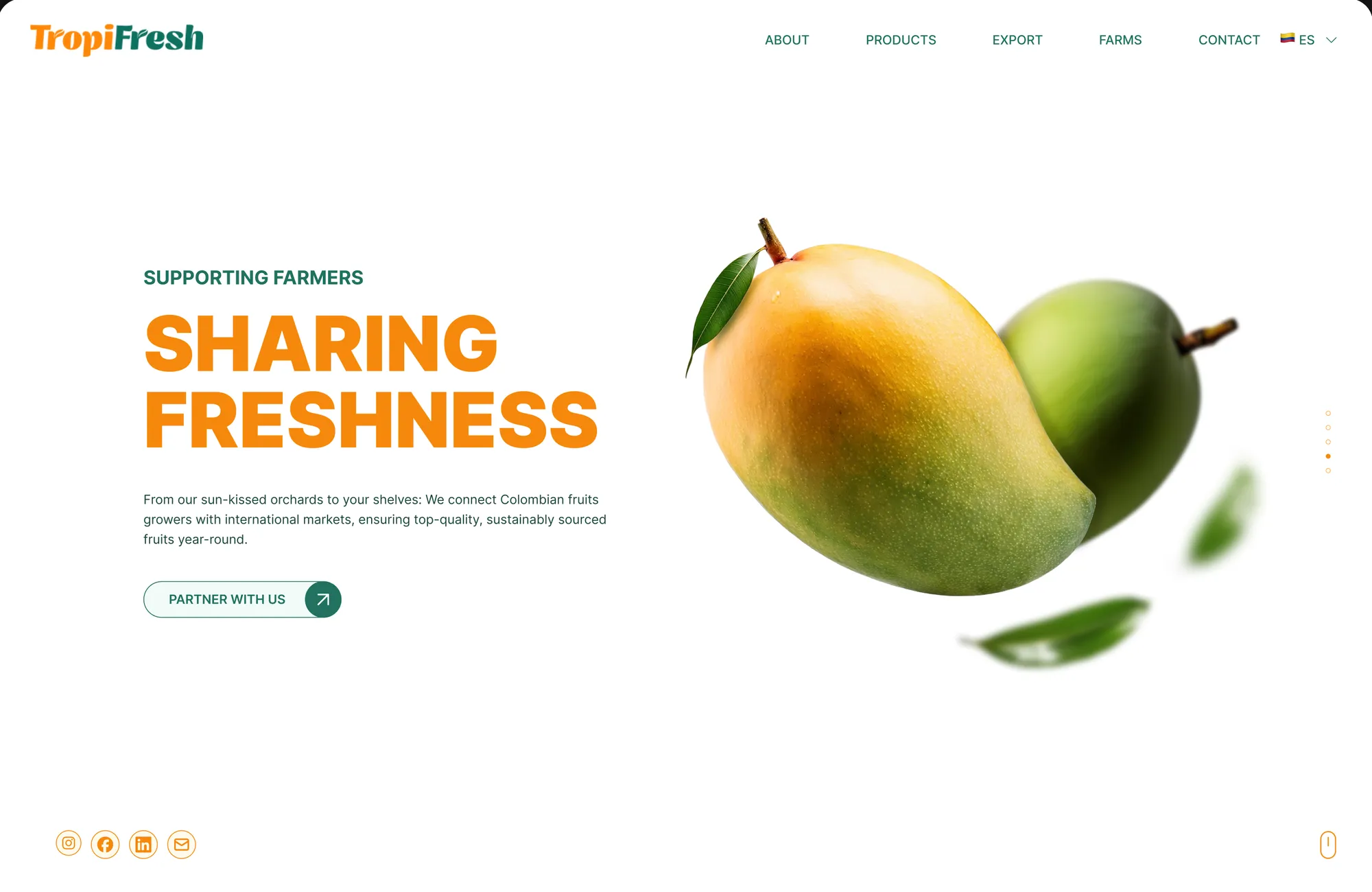 Tropifresh hero section — bold typography over full-bleed mango photography