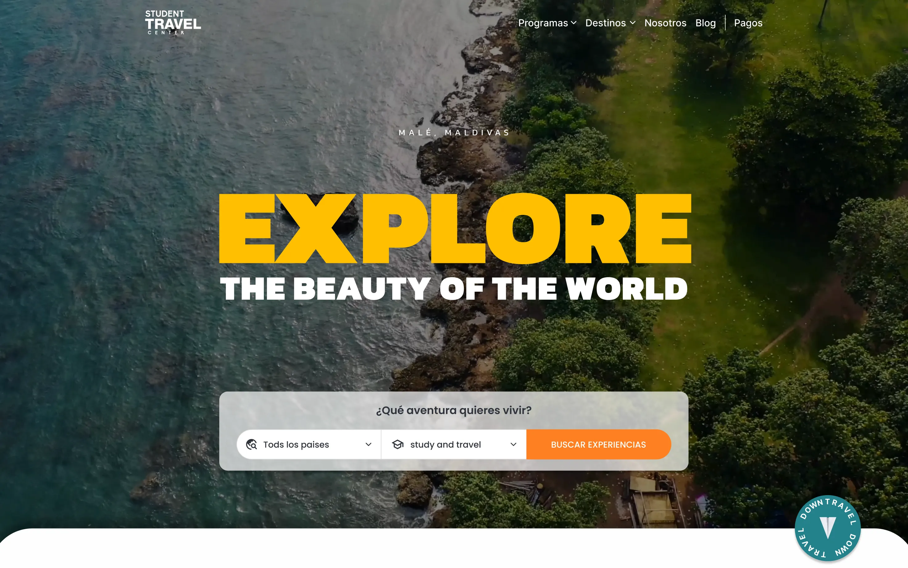 Student Travel Center hero — full-bleed destination photography with a program search bar